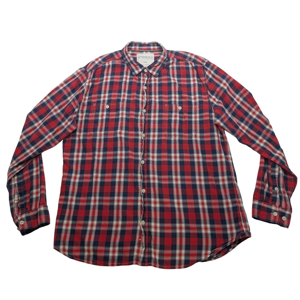 Aeropostale Plaid Button Down Mens XL Red Navy Blue Excellent Long Sleeve Cotton